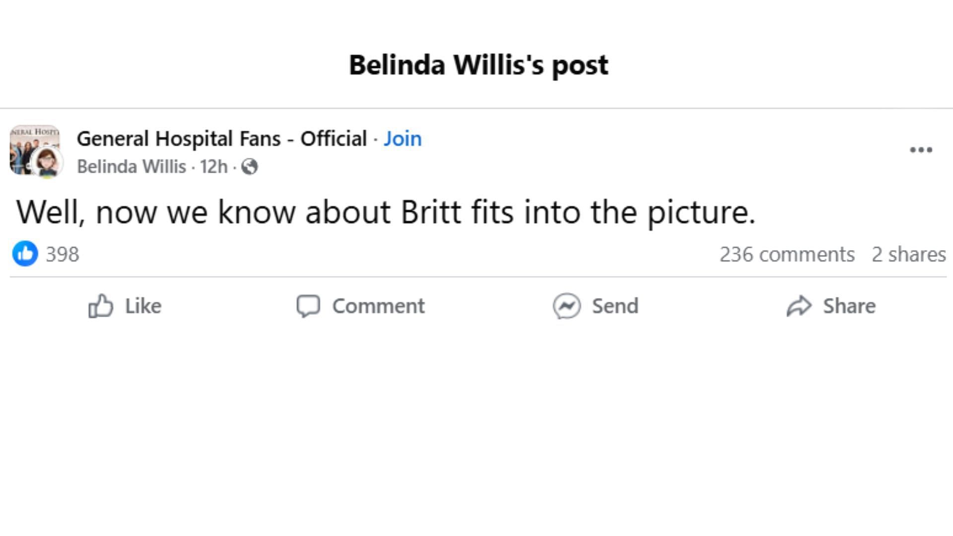 The original post by the fan (Image via Facebook/@Belinda Willis)